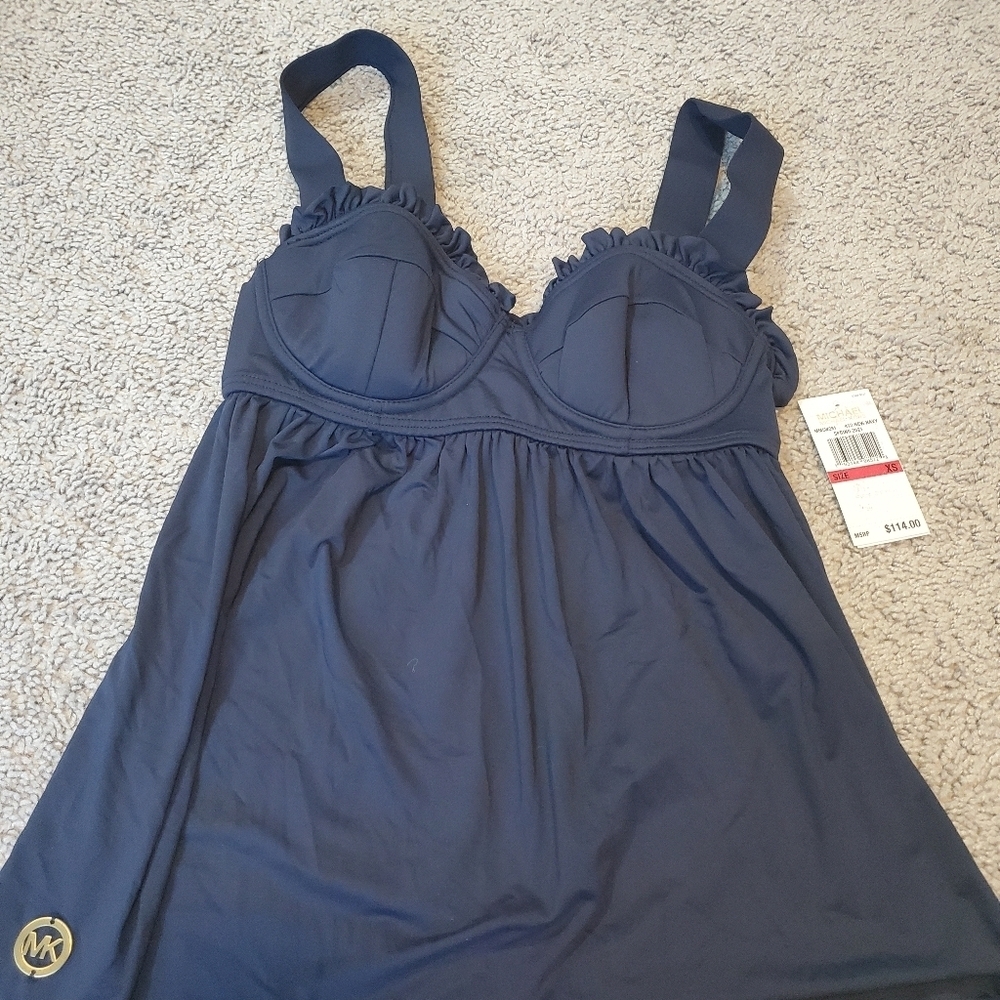 Michael Kors Navy Blue Swim Top Conservative Tankini Ruffle Top